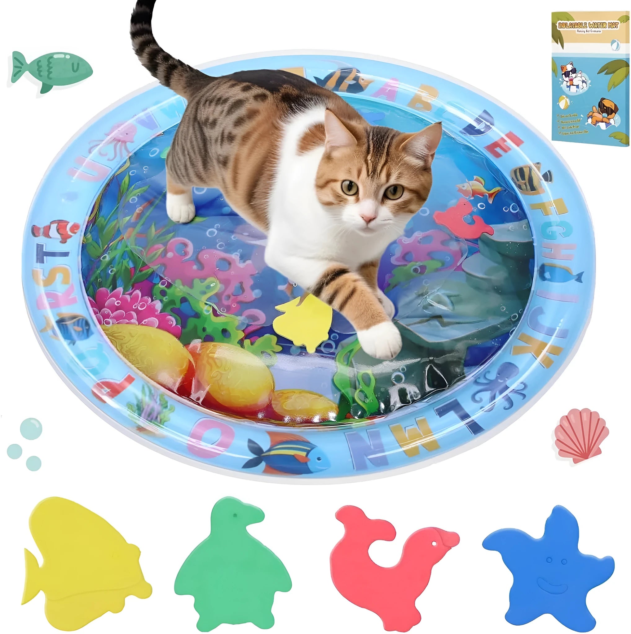 Thickened PVC water sensory playmat for cats and dogs with floating fish toys in ocean theme design