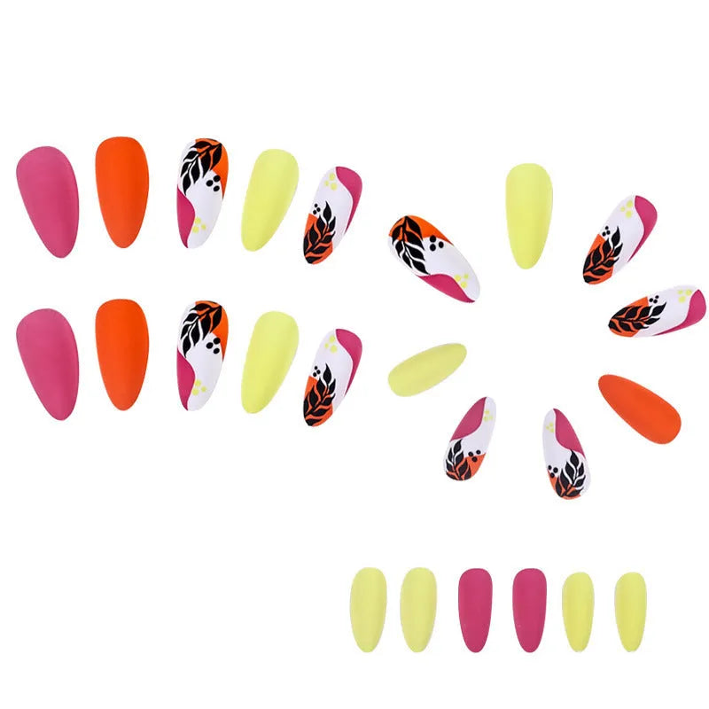 Wear Armour medium almond frosted nail stickers showing four designs: French colourful leaves, star flash macaron, gradient leopard print and colourful plating
