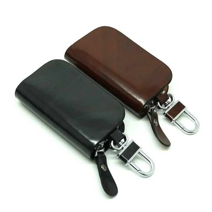 Black frosted genuine leather car key case showing inner compartment dimensions