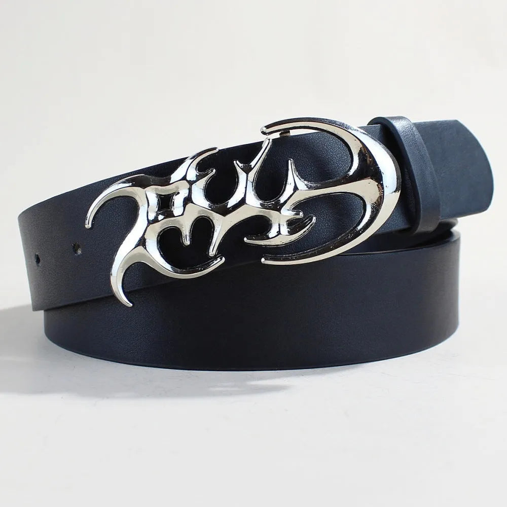 Casual silver alloy buckle on a brown PU leather belt with snap button fastening