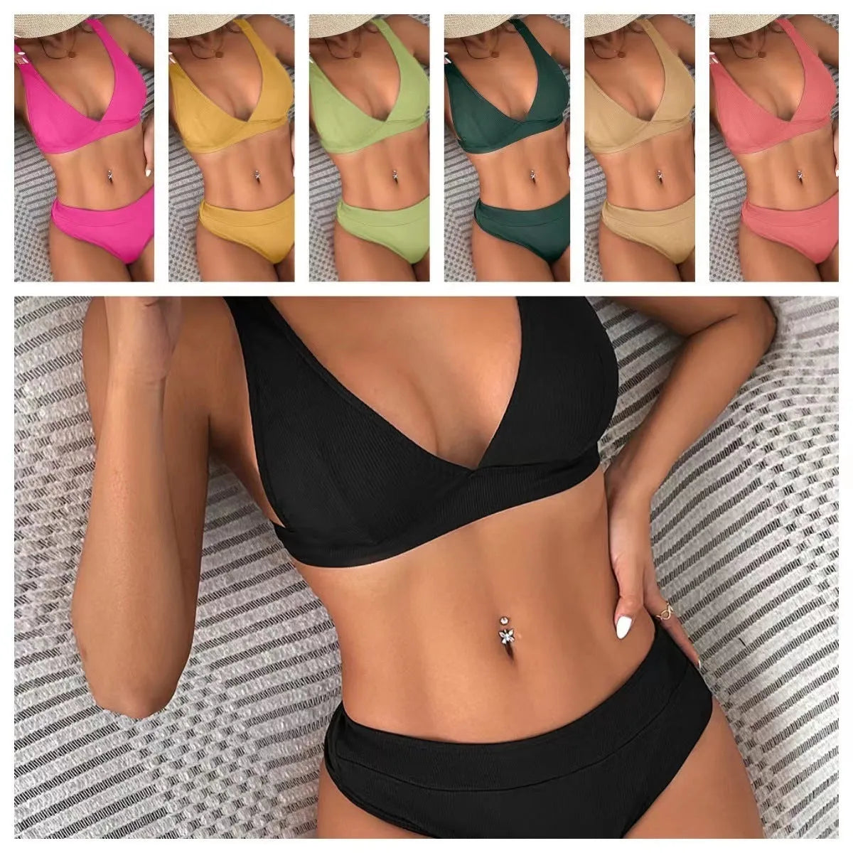 Women's black lace-up front bikini with high-leg split design on a mannequin.