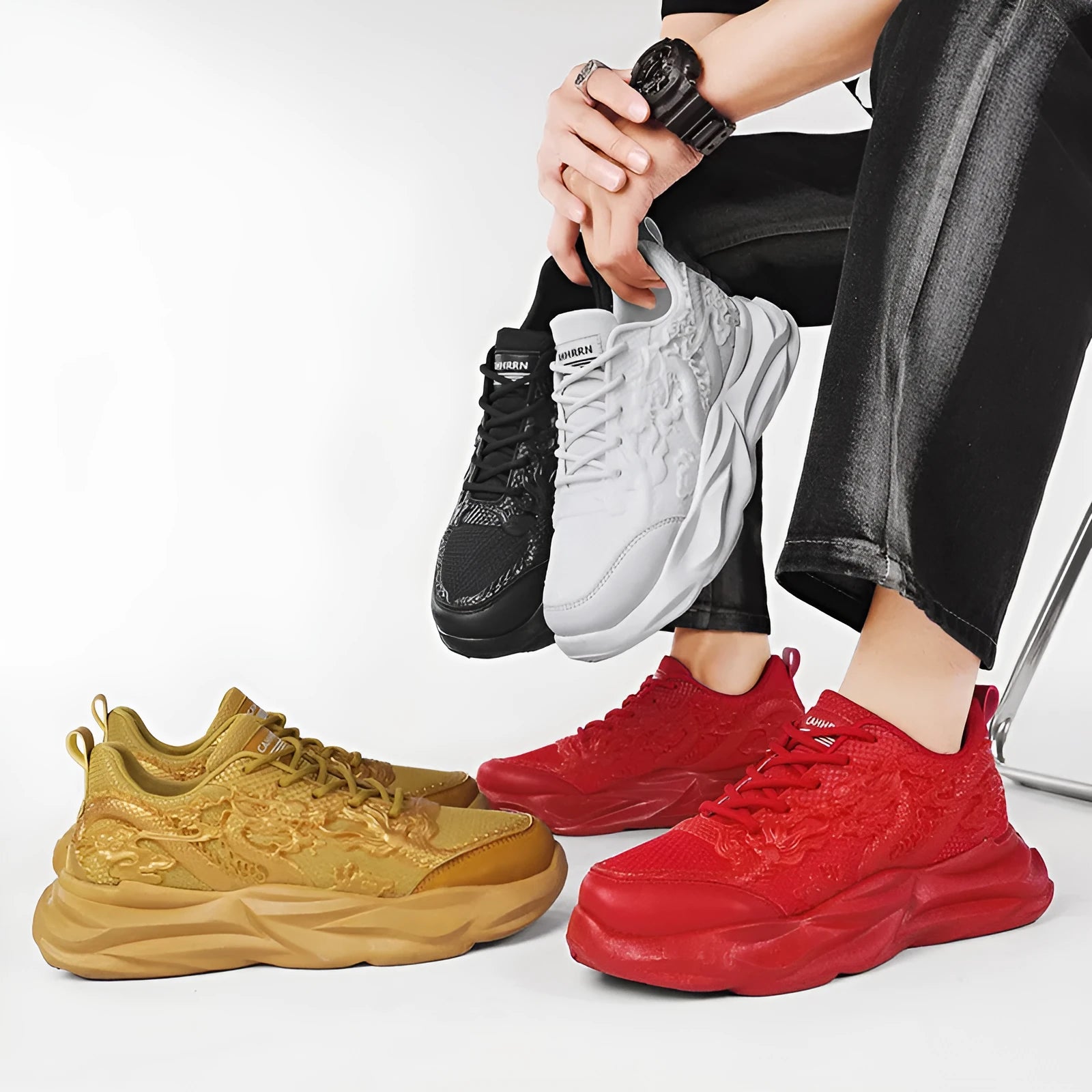 Chinese dragon themed casual sneakers with fly knit upper in four colour options