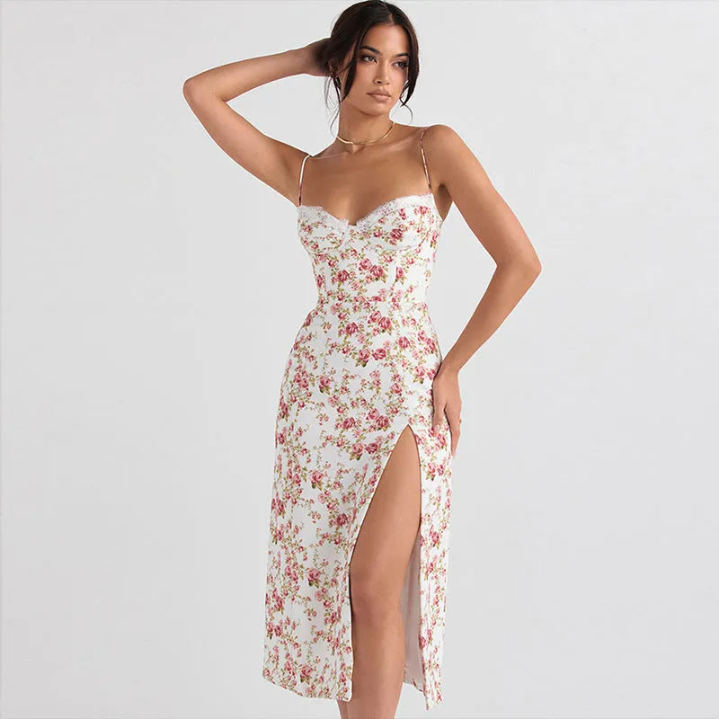 Women's lace flower print long dress with side slit and adjustable suspender straps in summer colours