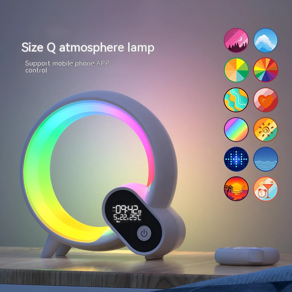 Creative Q Light analog sunrise digital alarm clock with 90 RGBCW light beads in black on wooden table