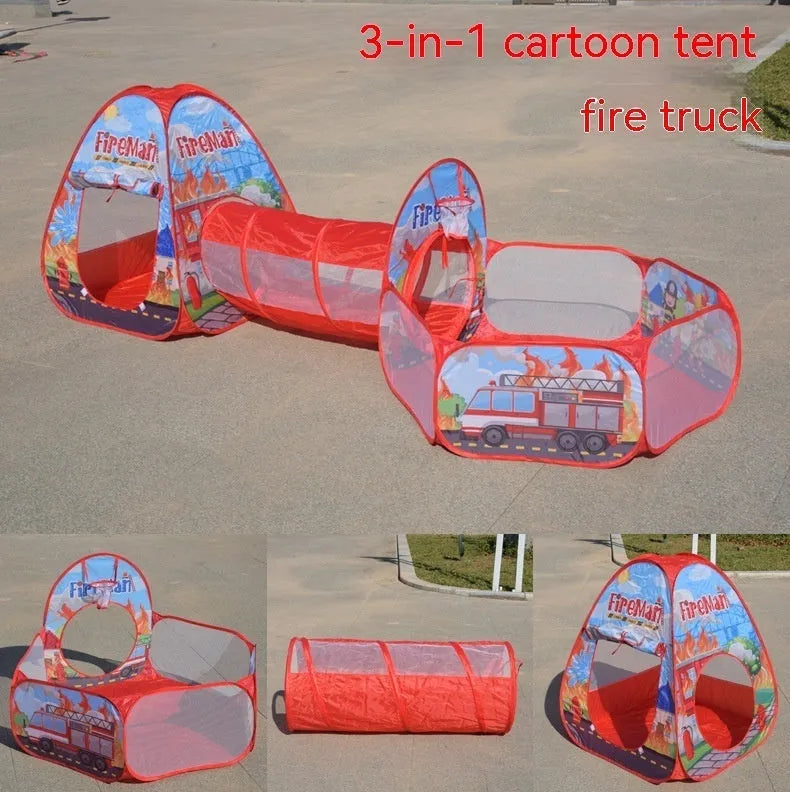 Three-piece children's play tent centre with integrated ball pool and tunnel in colourful cartoon design