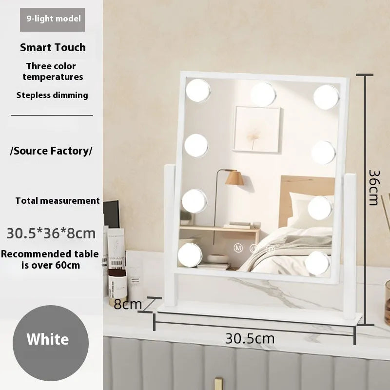 Desktop LED fill light mirror with metal frame, aluminium lens, 9 lights, black colour