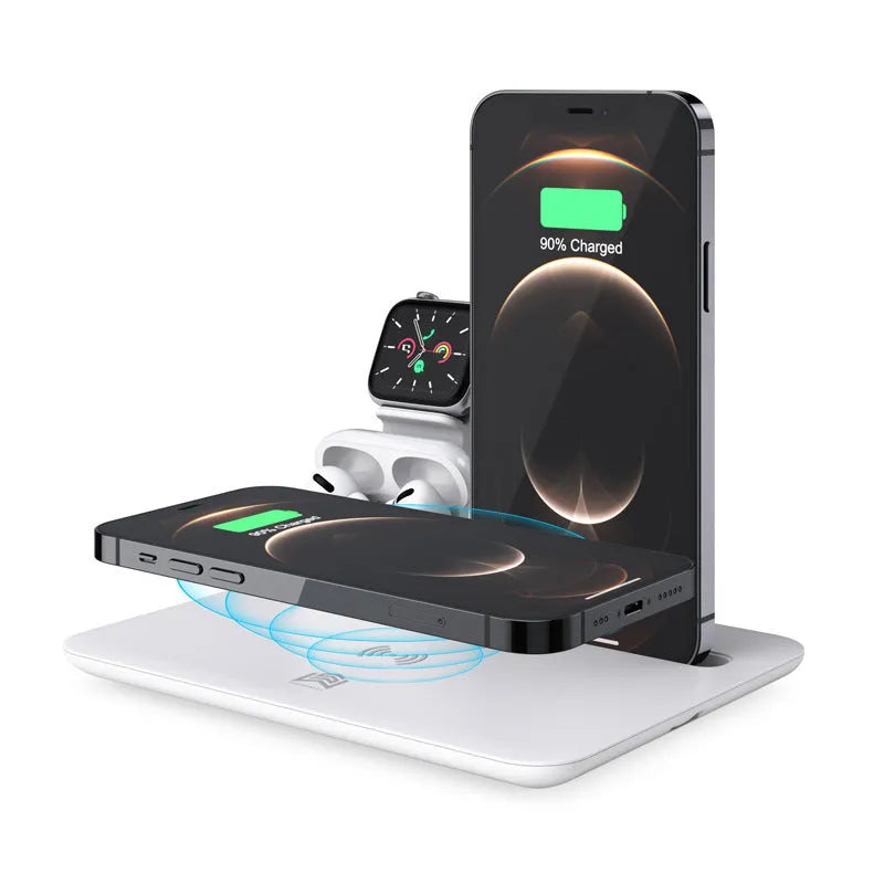 Black wireless charging desktop station holding a mobile phone, with ports for watch and headphones.