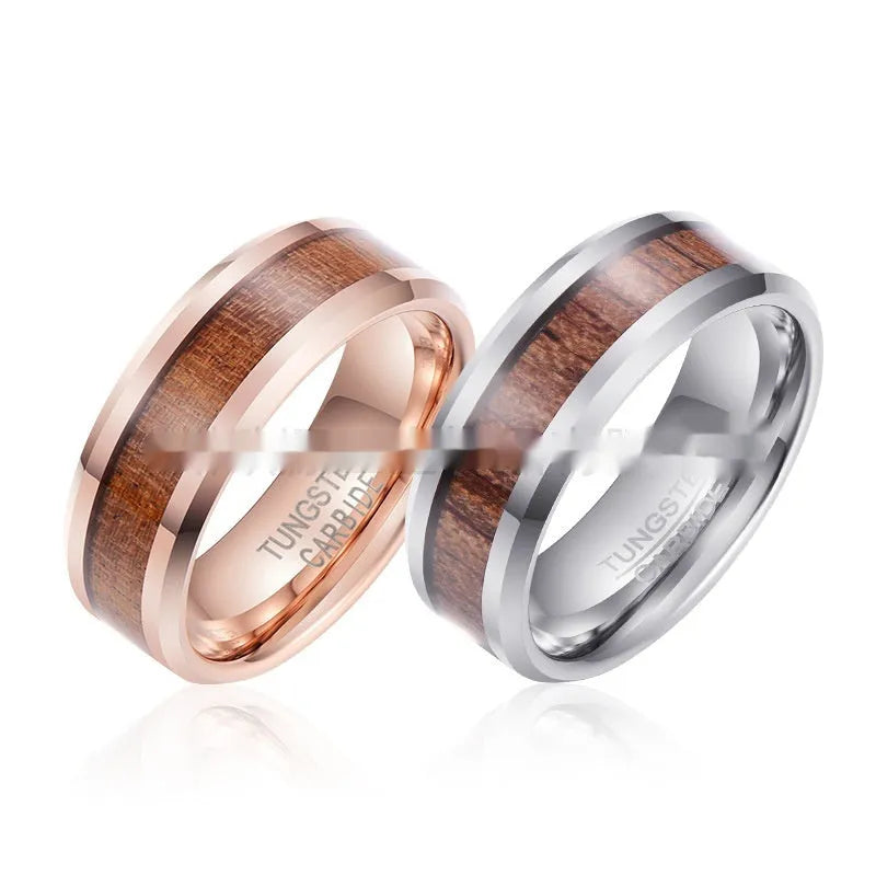 8mm hairline texture tungsten gold men's ring with U-shaped design in rose gold finish