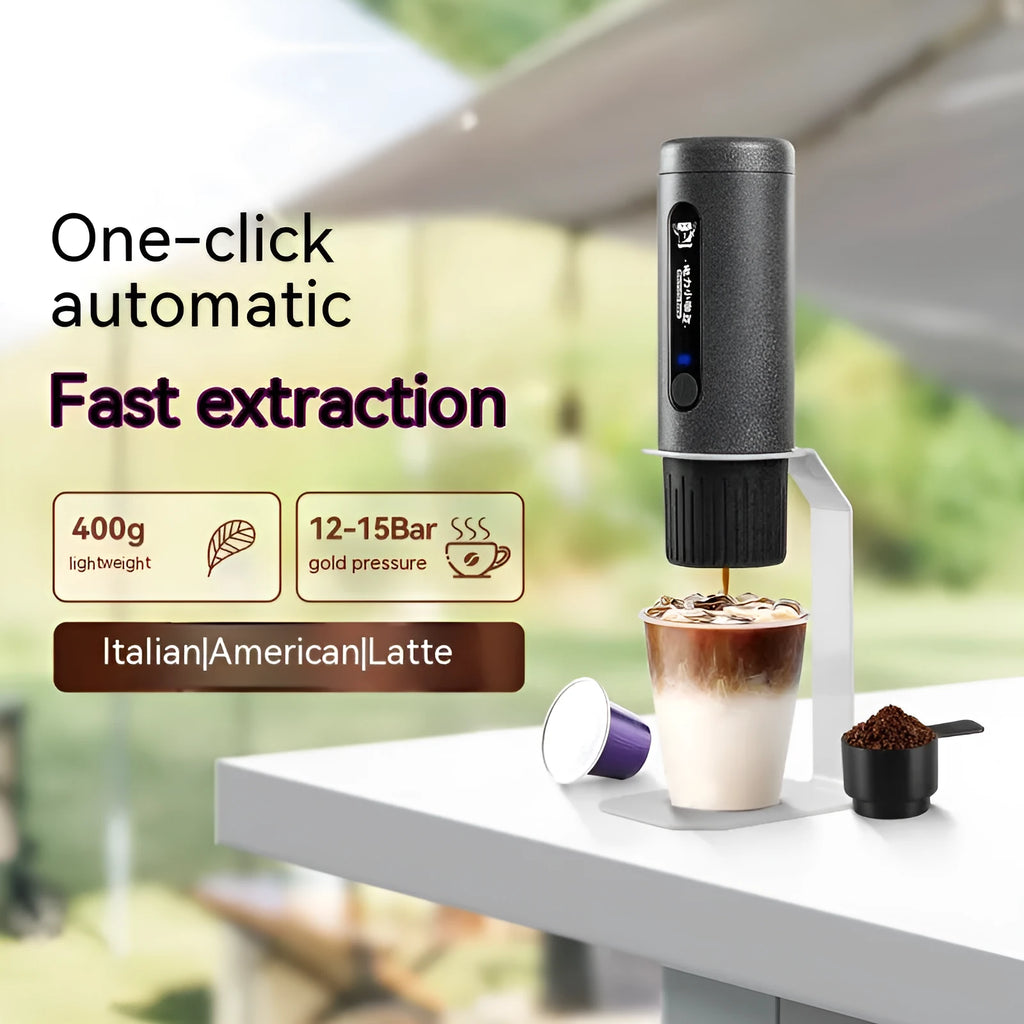 Portable dual-use coffee machine in Dark Starry Sky colour, compact 60x60x187mm size with one-button operation