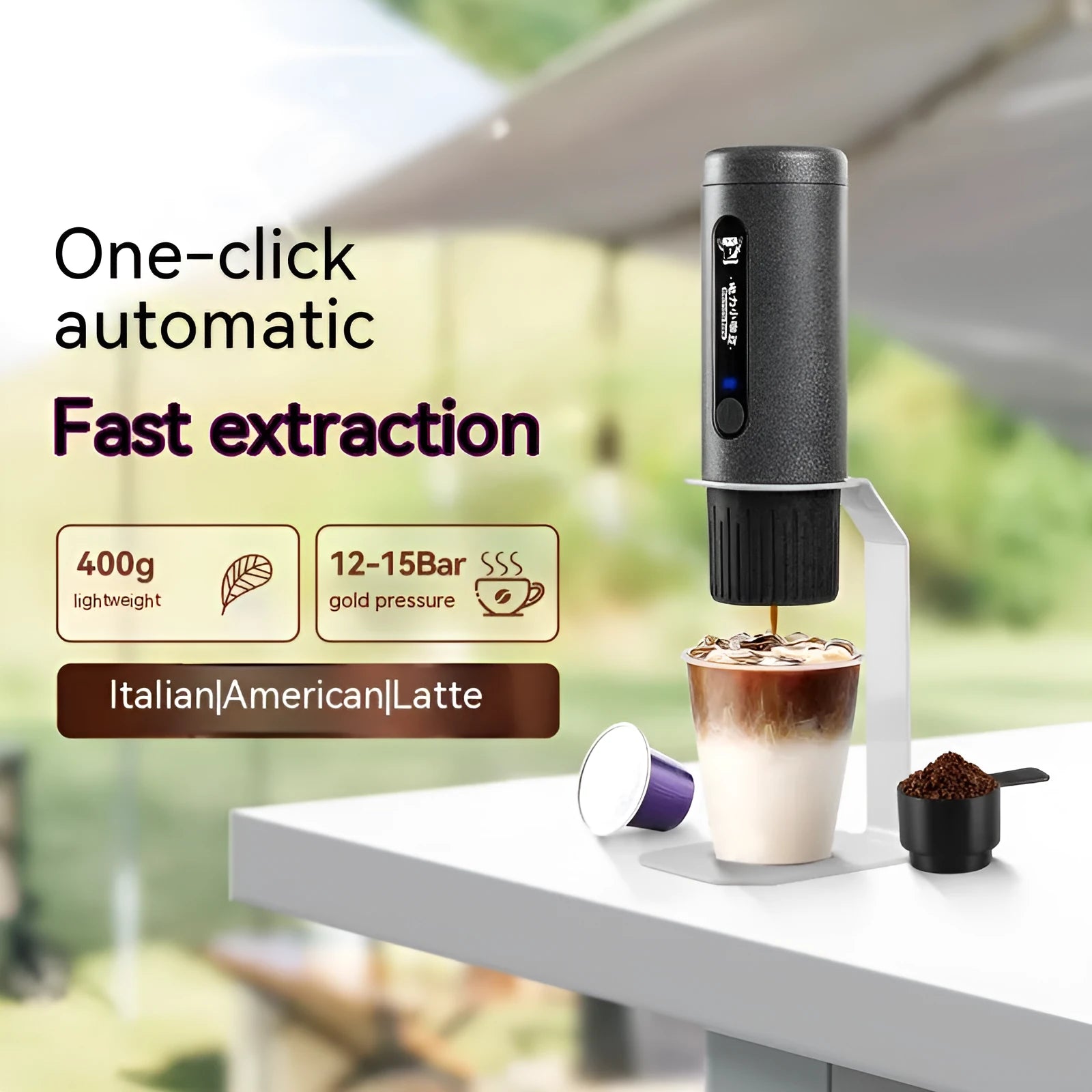 Portable dual-use coffee machine in Dark Starry Sky colour, compact 60x60x187mm size with one-button operation