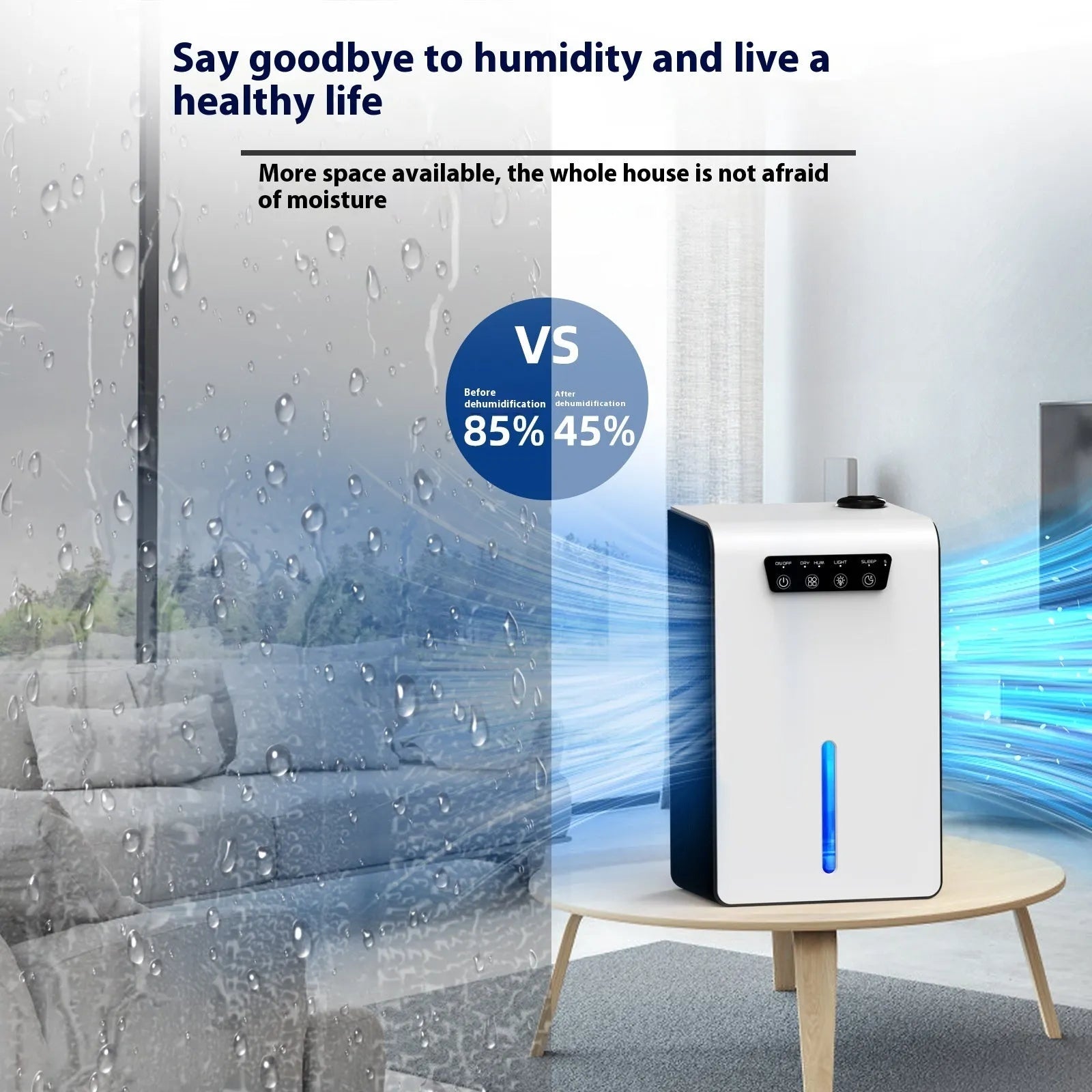 Milky white household dehumidifier unit on a floor, suitable for 10-20 square metre rooms.