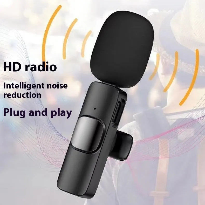 Wireless collar clip microphone for smartphones, showing clip design and available connection options.