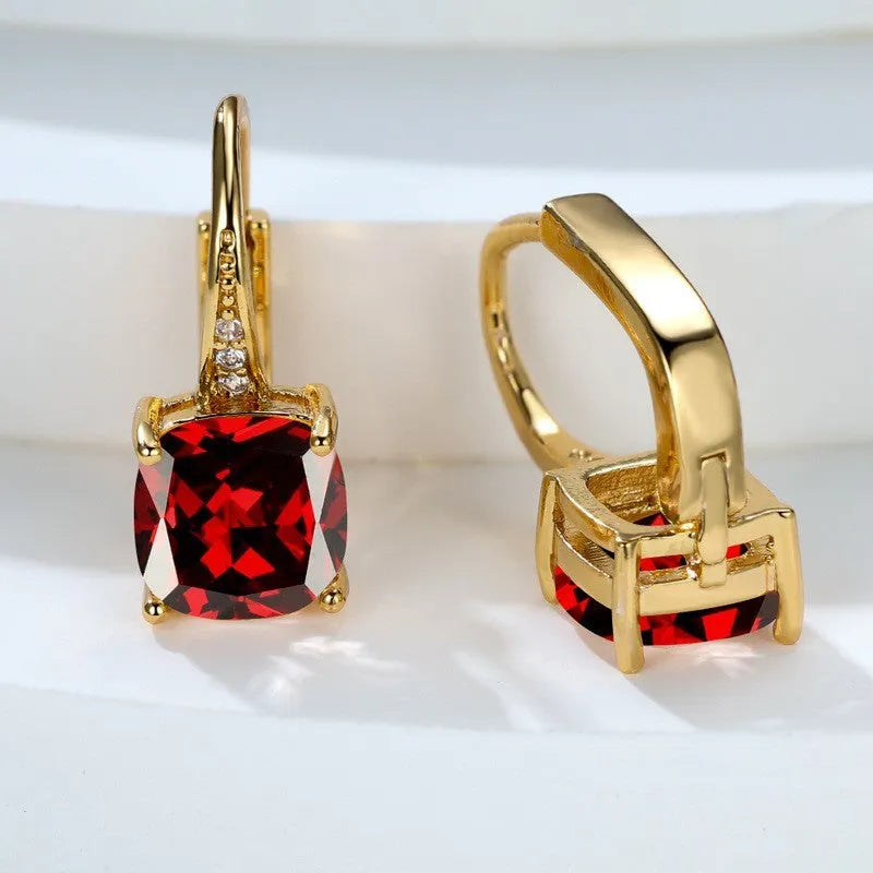 Square geometric ear hooks with round zircon inlays in gold, platinum, or rose gold finish