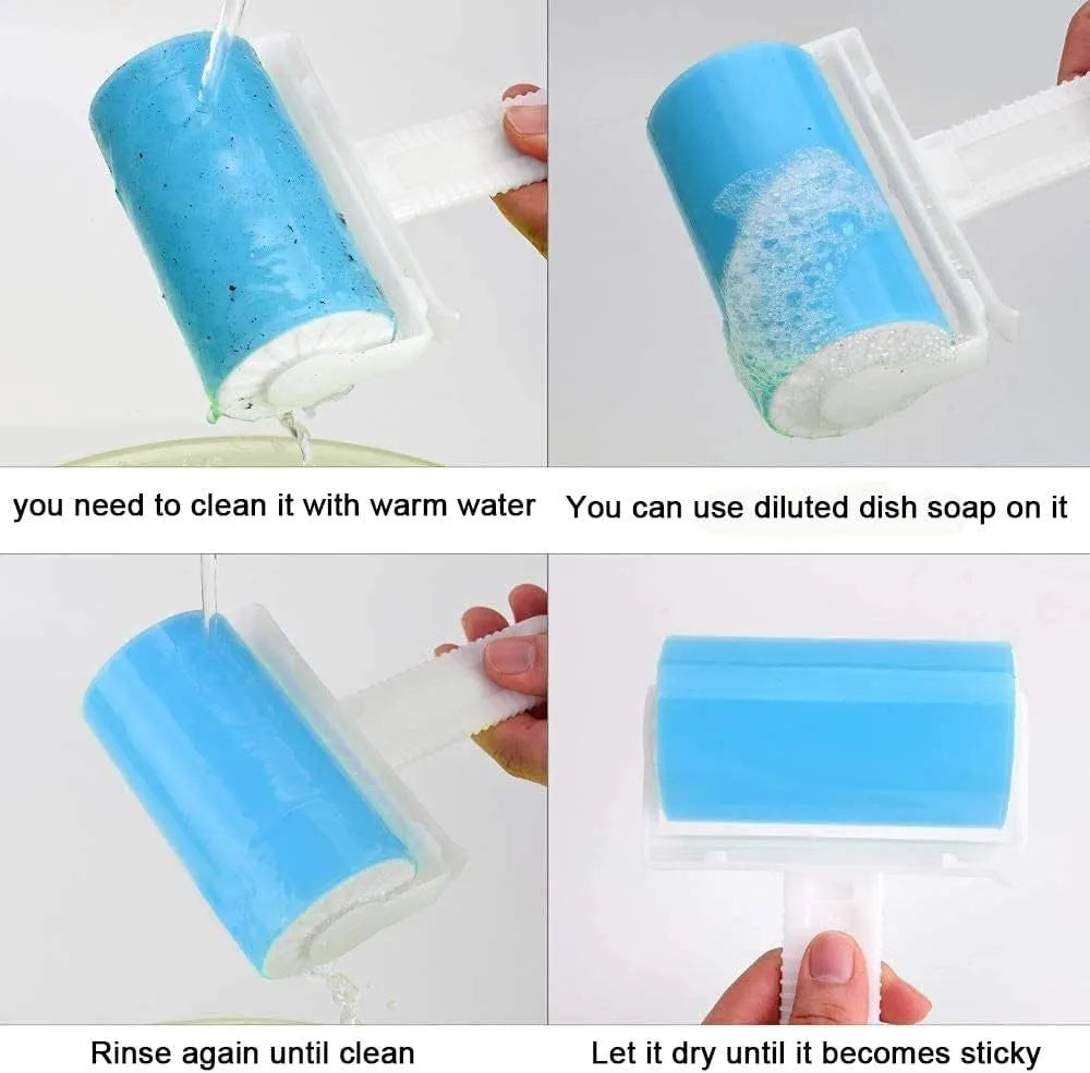 Washable reusable lint roller with protective cover for pet hair removal from fabrics