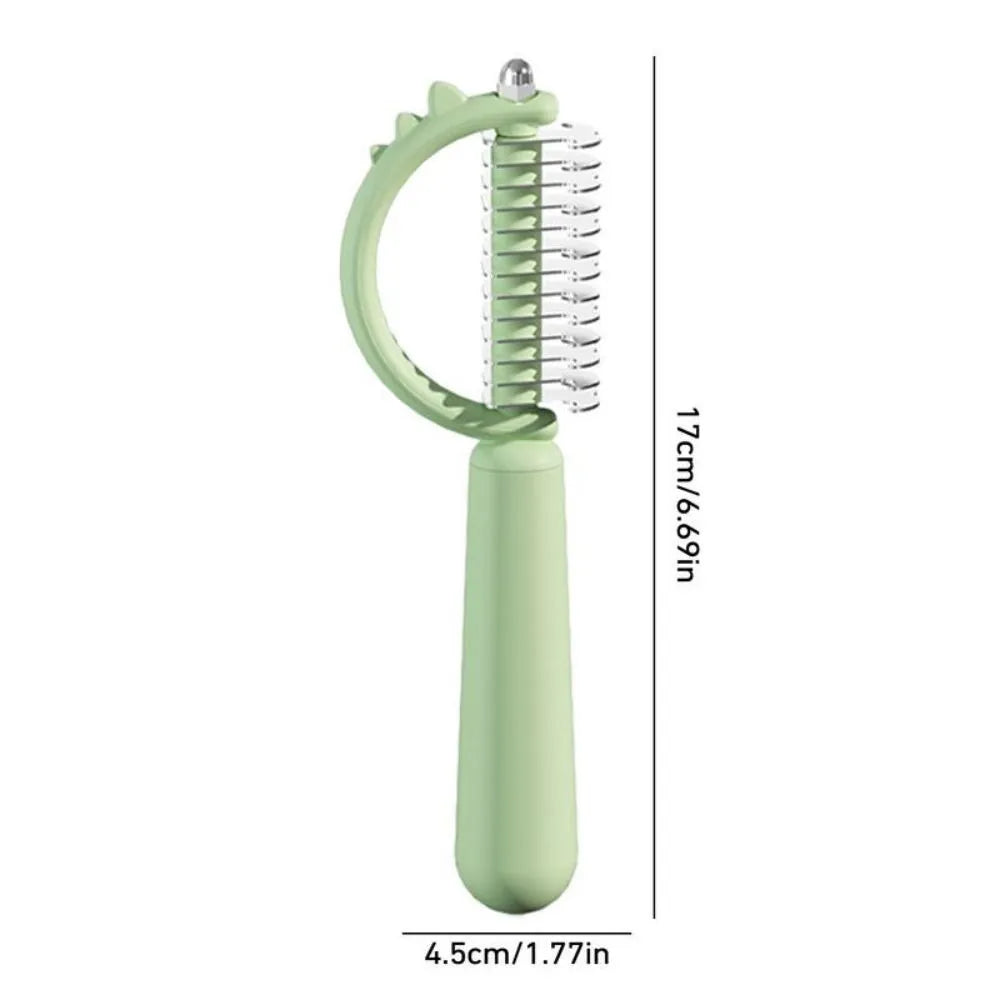 Blue dinosaur-shaped cat brush with double-sided grooming heads and self-cleaning button