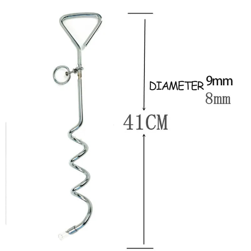 Silver spiral dog tie out stake for ground anchoring in outdoor sandy soil conditions