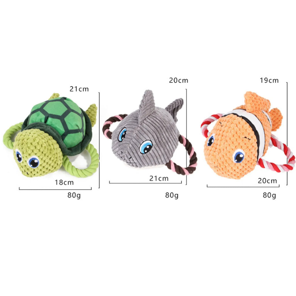 Turtle-shaped dog chewing toy with knot elements in grey green orange colours for medium large dogs