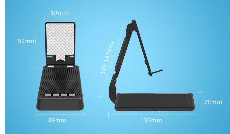 Black mobile phone broadcaster stand with wireless Bluetooth speaker and integrated HD microphone on desk