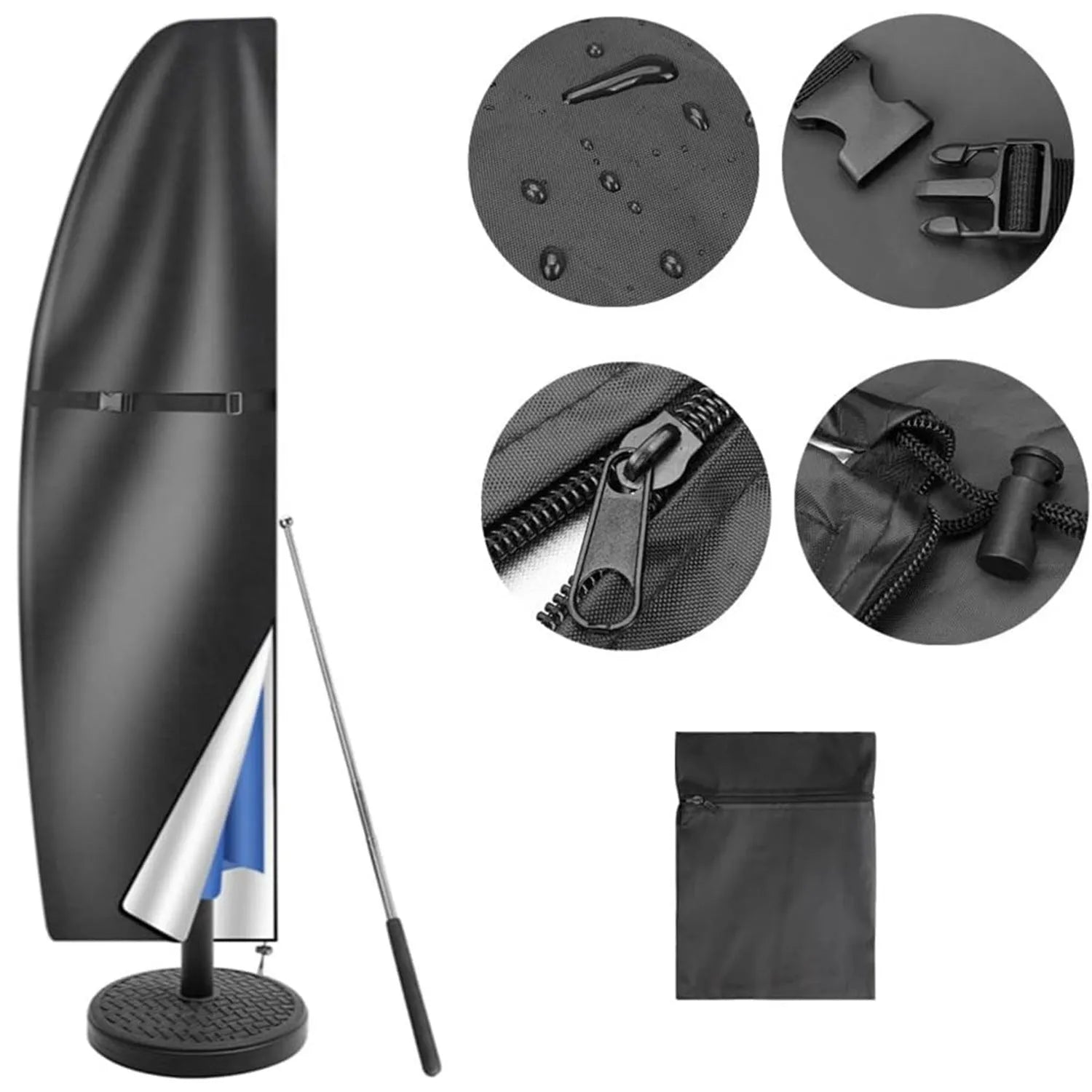 Grey Oxford cloth banana-shaped cover for an offset patio umbrella.