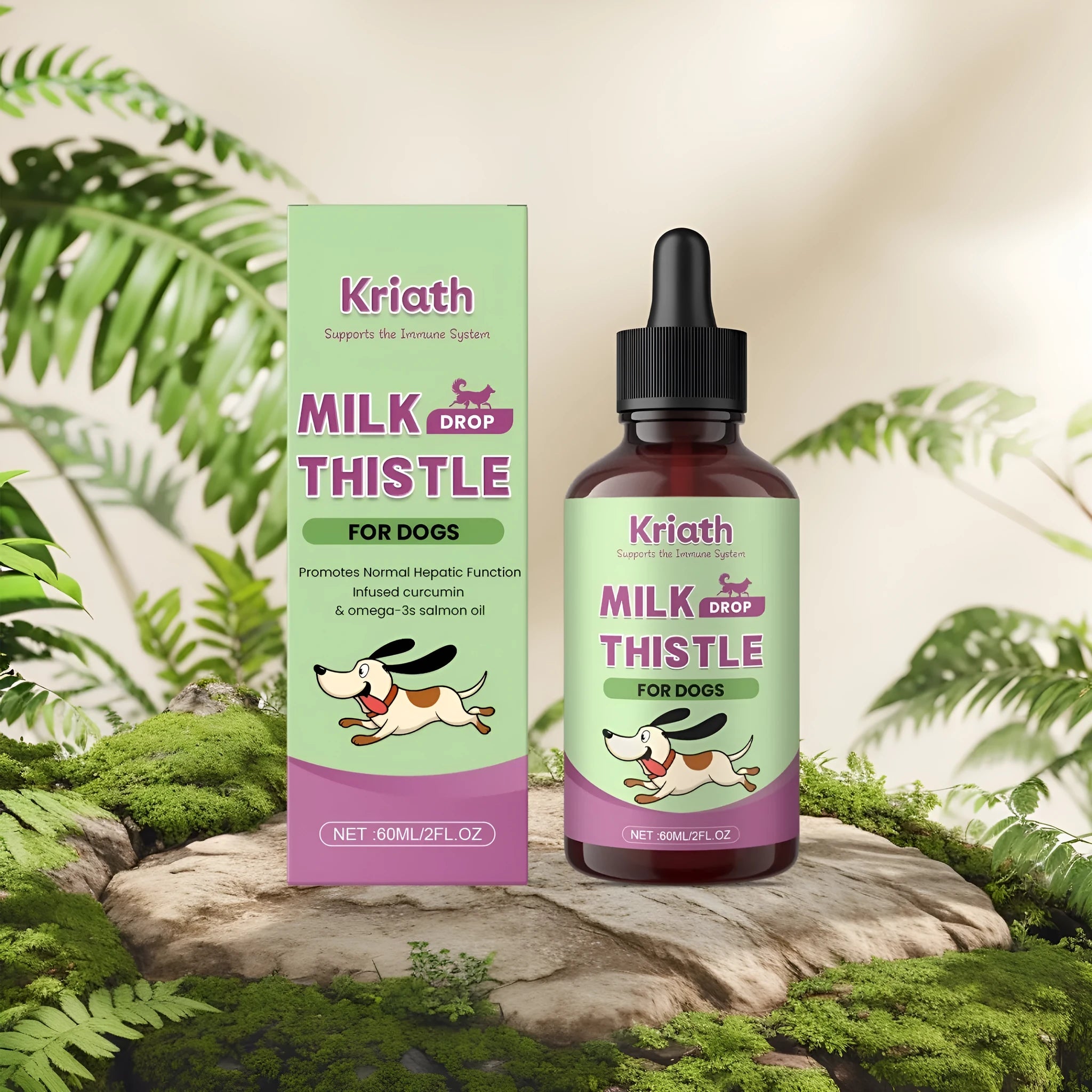 60ml bottle of Dog Milk Thistle Extract Nutrient Solution with Omega-3 and turmeric on a label.