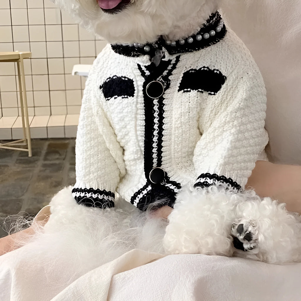 Korean style puppy sweater with pearl collar in black or white colour for small dogs