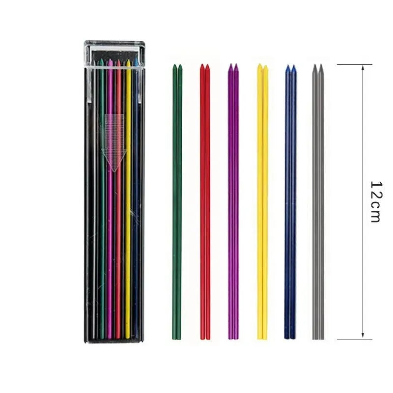 Box of 12 rainbow-coloured 0.5mm mechanical pencil lead refills with plastic barrels