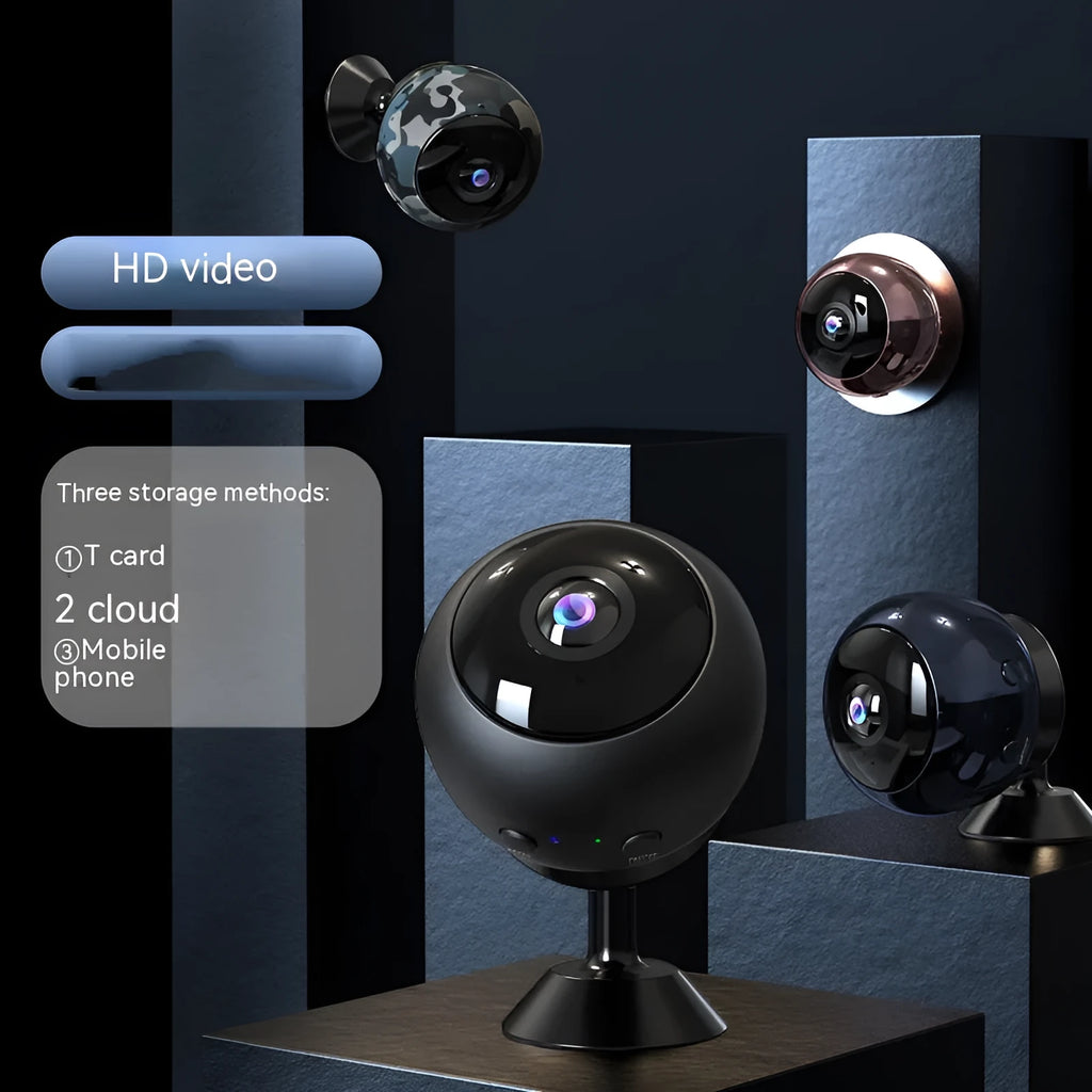 1080p wireless WiFi surveillance camera with ABS housing and USB cable on a white background.