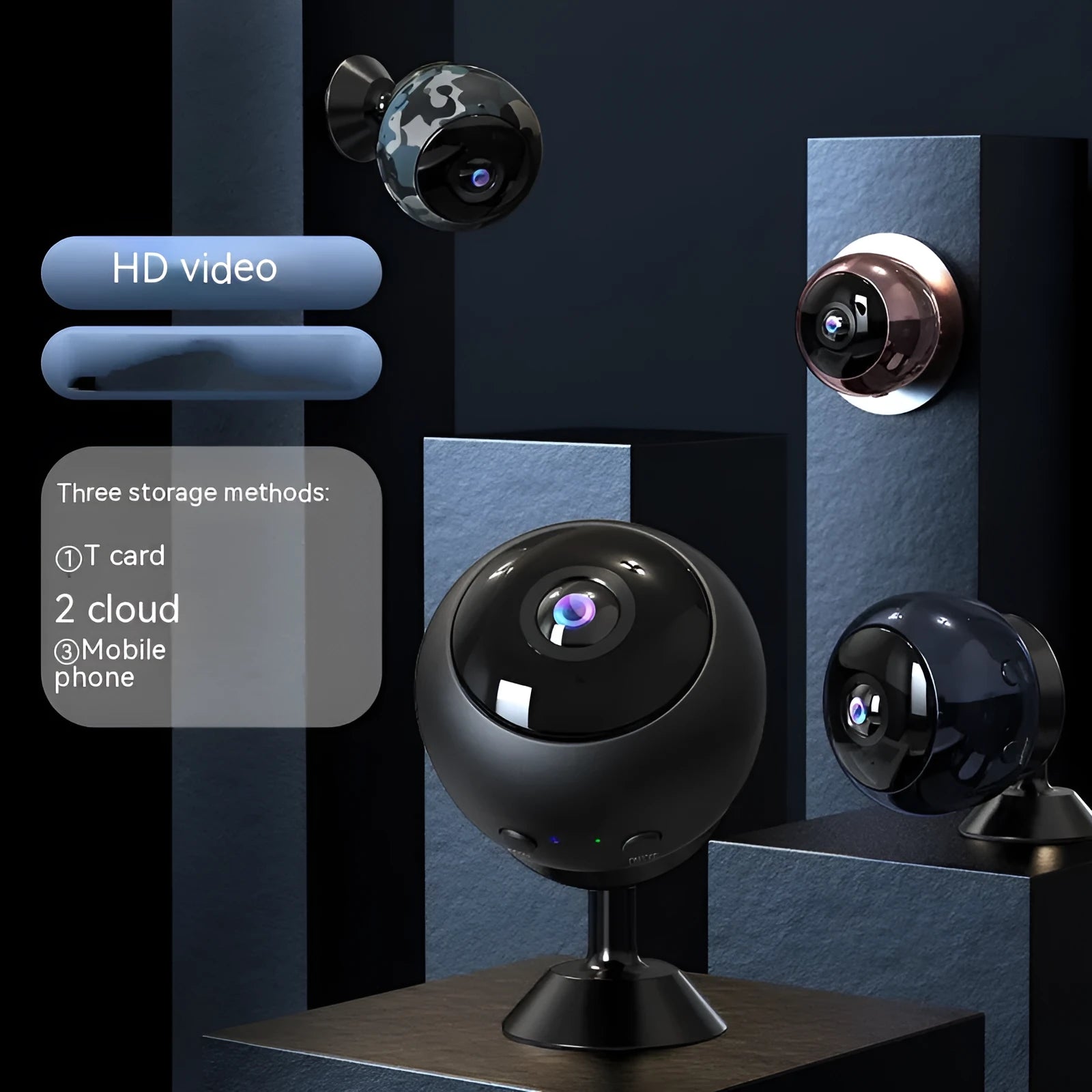 1080p wireless WiFi surveillance camera with ABS housing and USB cable on a white background.