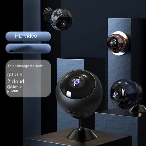 1080p wireless WiFi surveillance camera with ABS housing and USB cable on a white background.