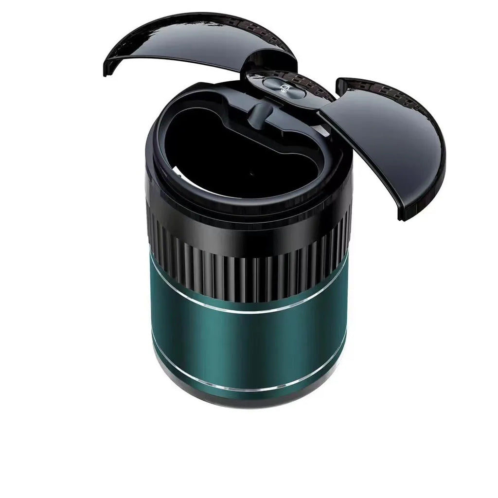 Black automatic sensing touch infrared metal car ashtray with lid on a car console.