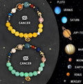 Two natural stone bead bracelets showing zodiac symbols on adjustable straps
