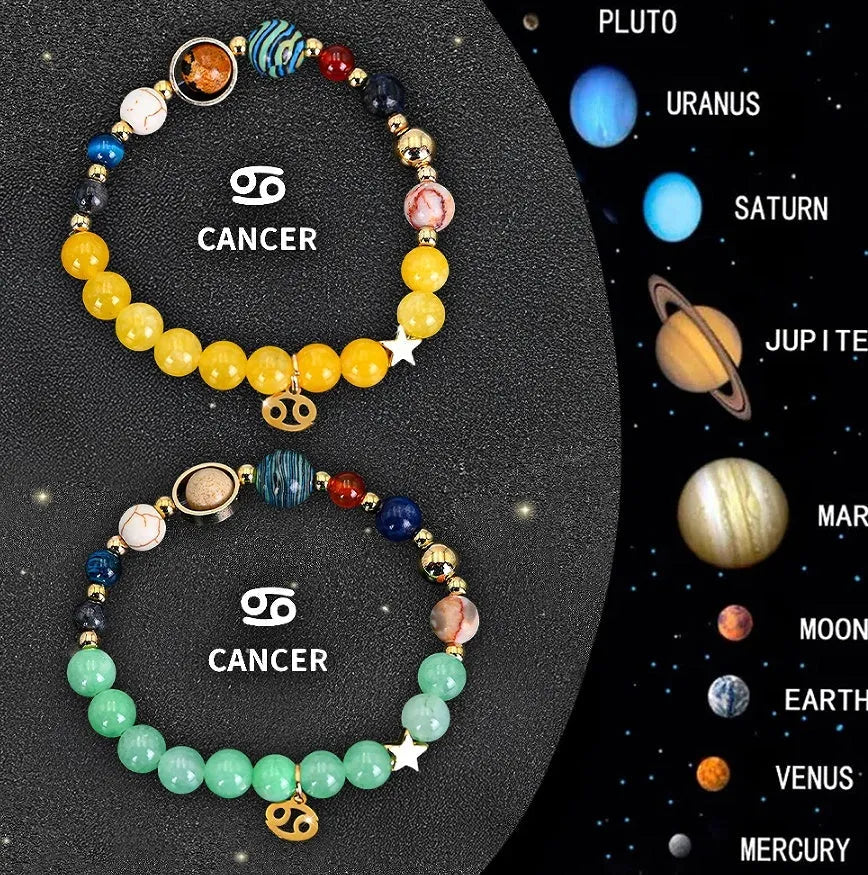 Two natural stone bead bracelets showing zodiac symbols on adjustable straps