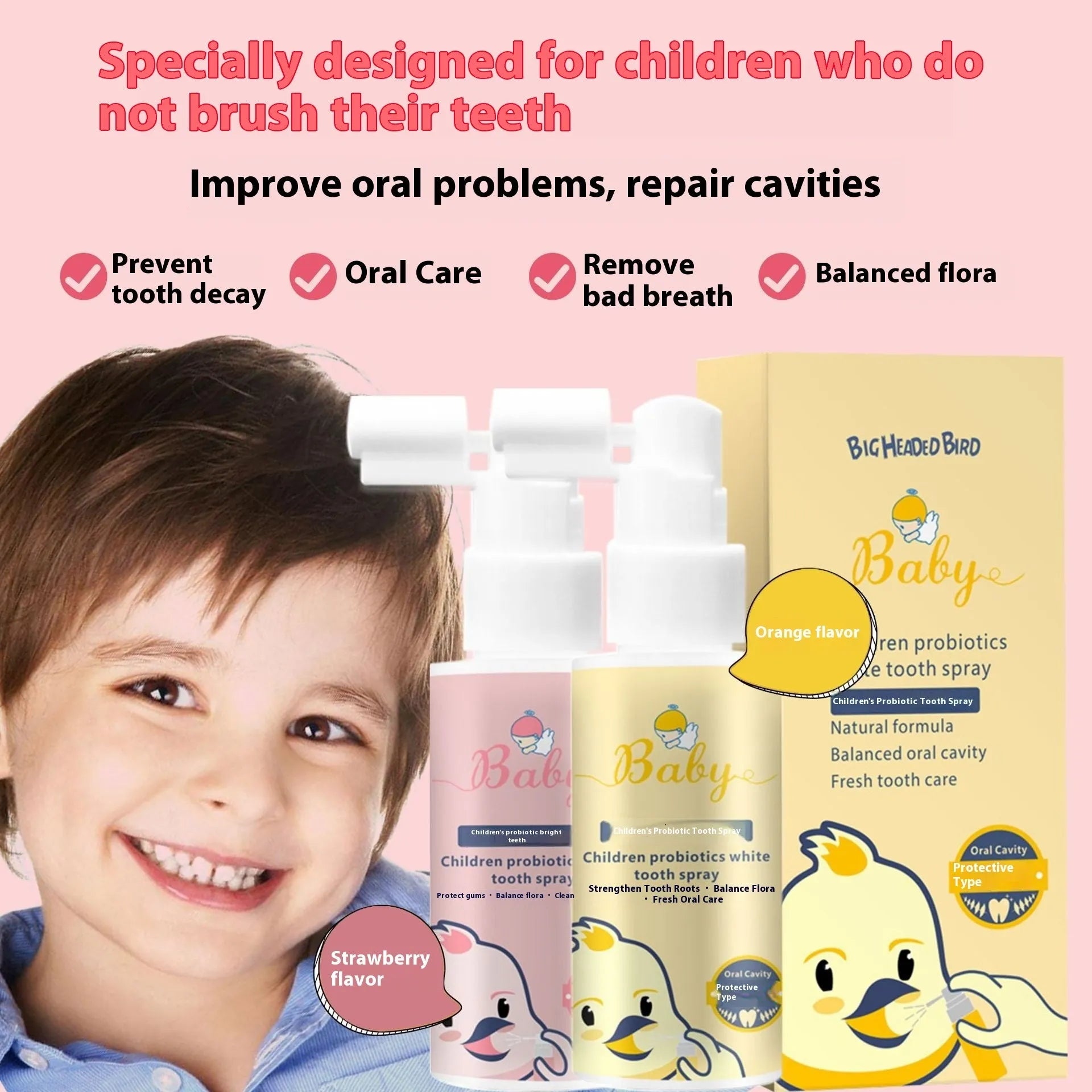 Children's probiotics white teeth cleaning spray bottle with strawberry and orange flavour options