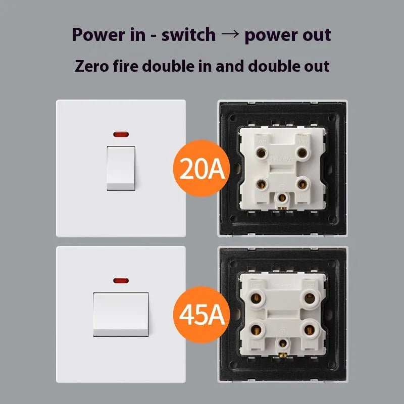 Gold, grey, or white coloured industrial switch with light panel for 25A or 45A high-current circuits.