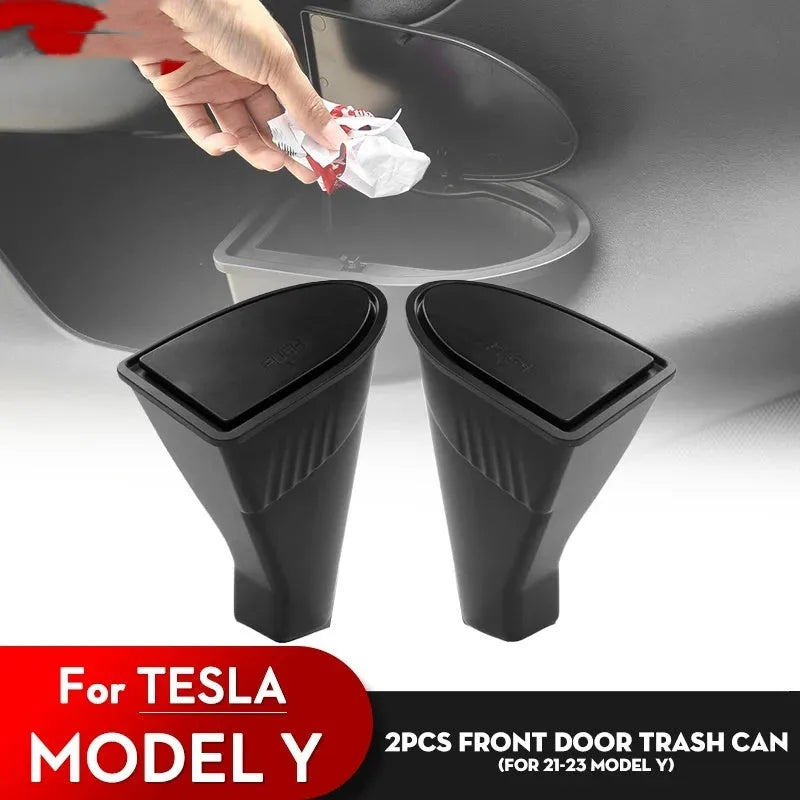 Two black plastic car door storage containers for Tesla Model Y