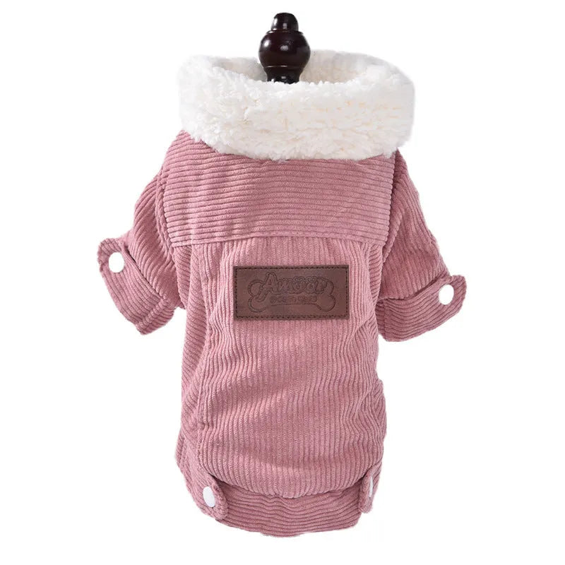 Grey lambswool dog vest with fleece lining shown on a dog model