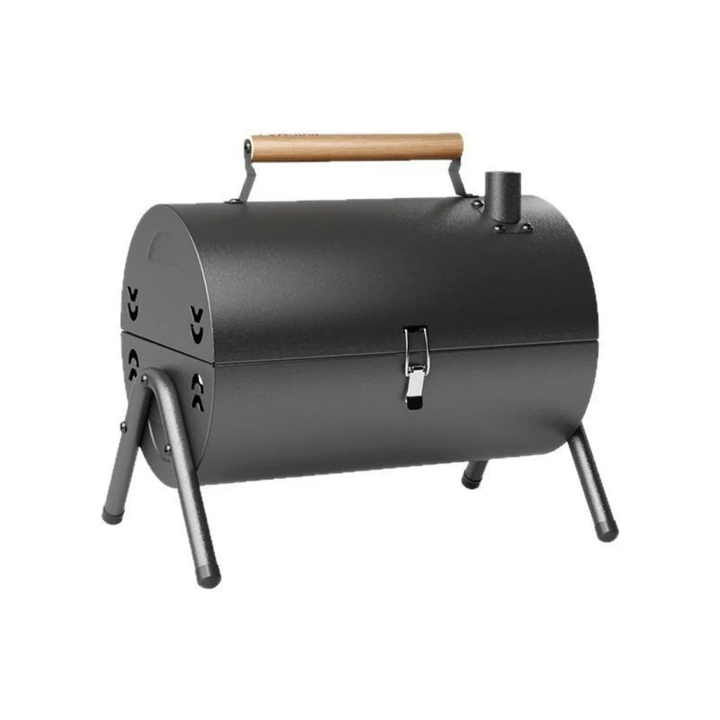 White round portable folding charcoal grill with detachable frying and baking components