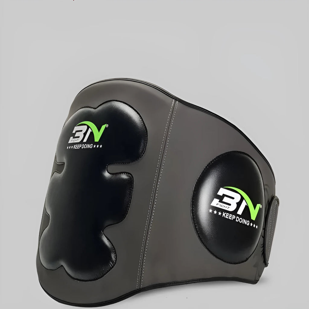Dark grey Sanda boxing chest protection target showing thickened foam waist guard for martial arts training.