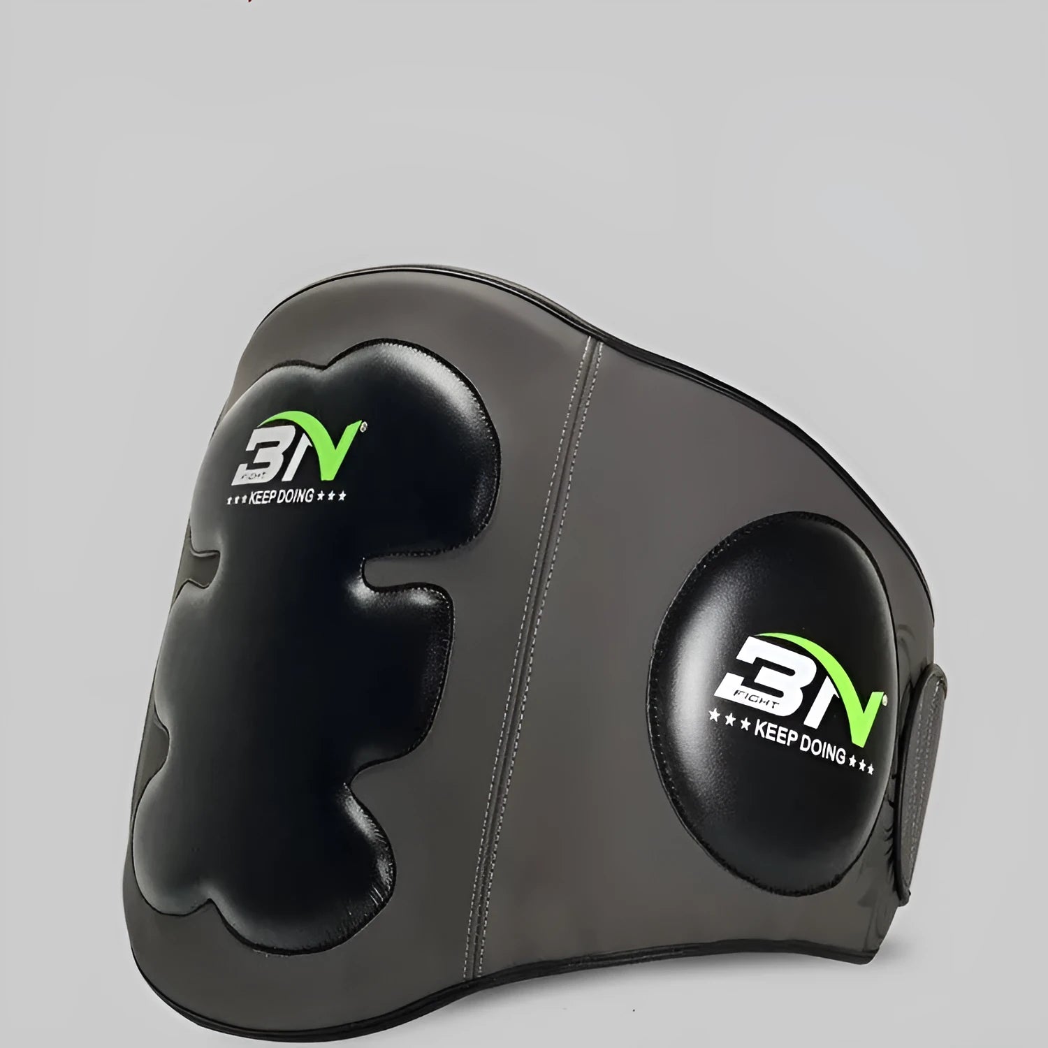 Dark grey Sanda boxing chest protection target showing thickened foam waist guard for martial arts training.