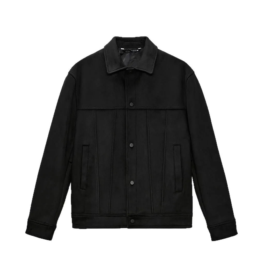 Black men's hooded casual jacket with a textured suede collar and side pockets.