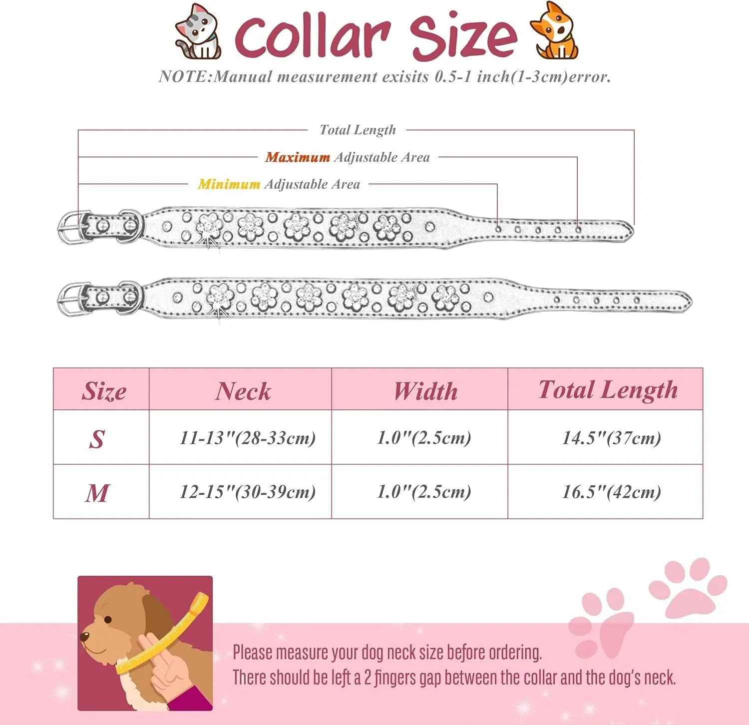 Black PU leather dog collar with silver rhinestone flower pattern and metal D-ring for small dogs.