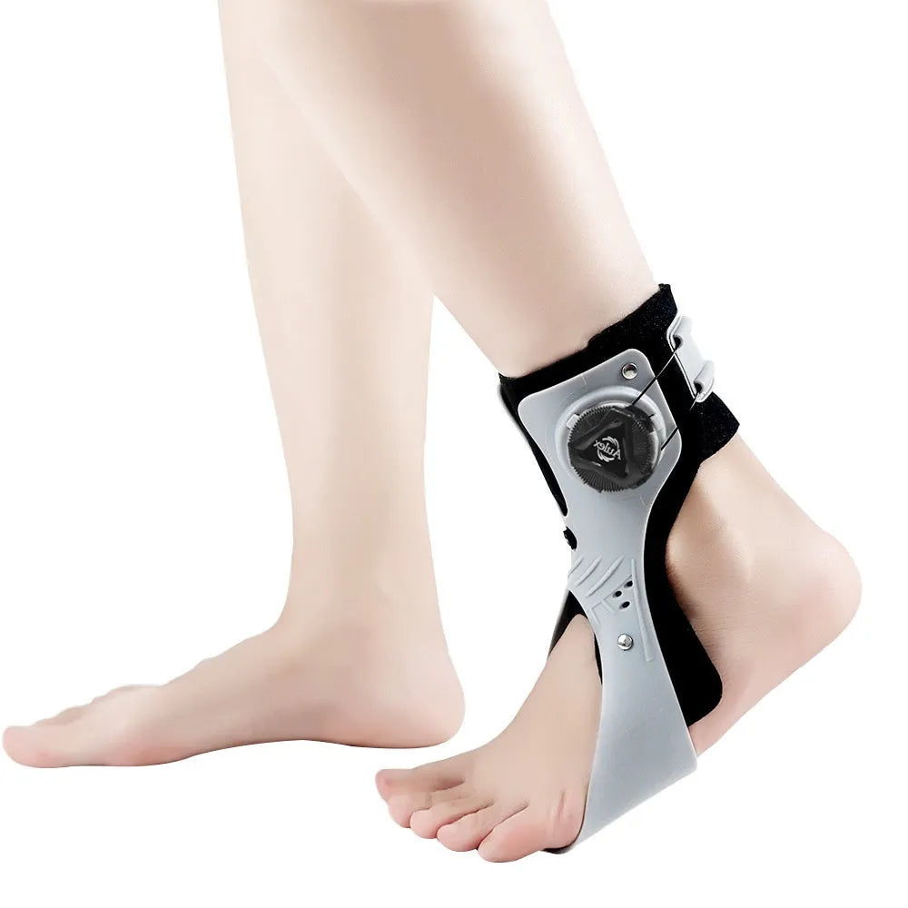 Adjustable airbag button ankle support brace in grey and black colours with left and right sizing options