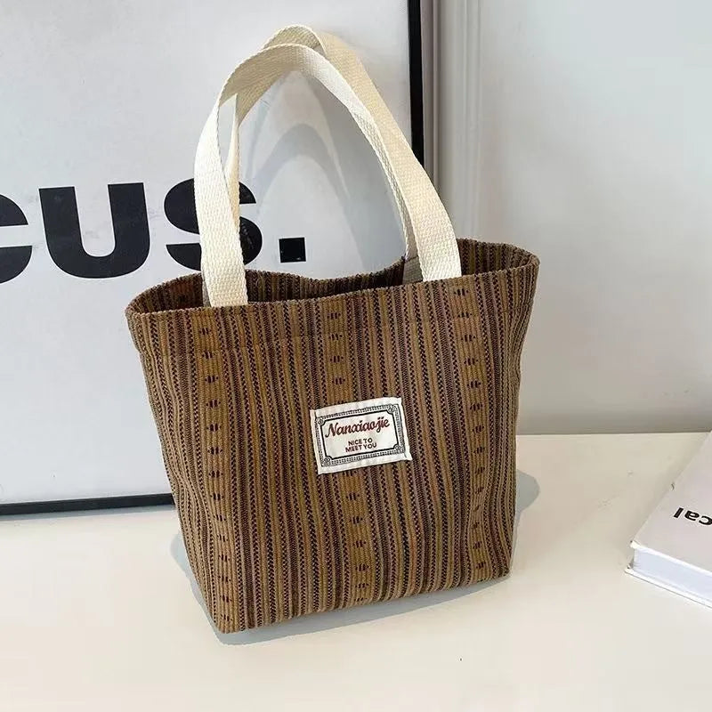 Japanese style corduroy handbag in ivory white with large capacity and fresh design