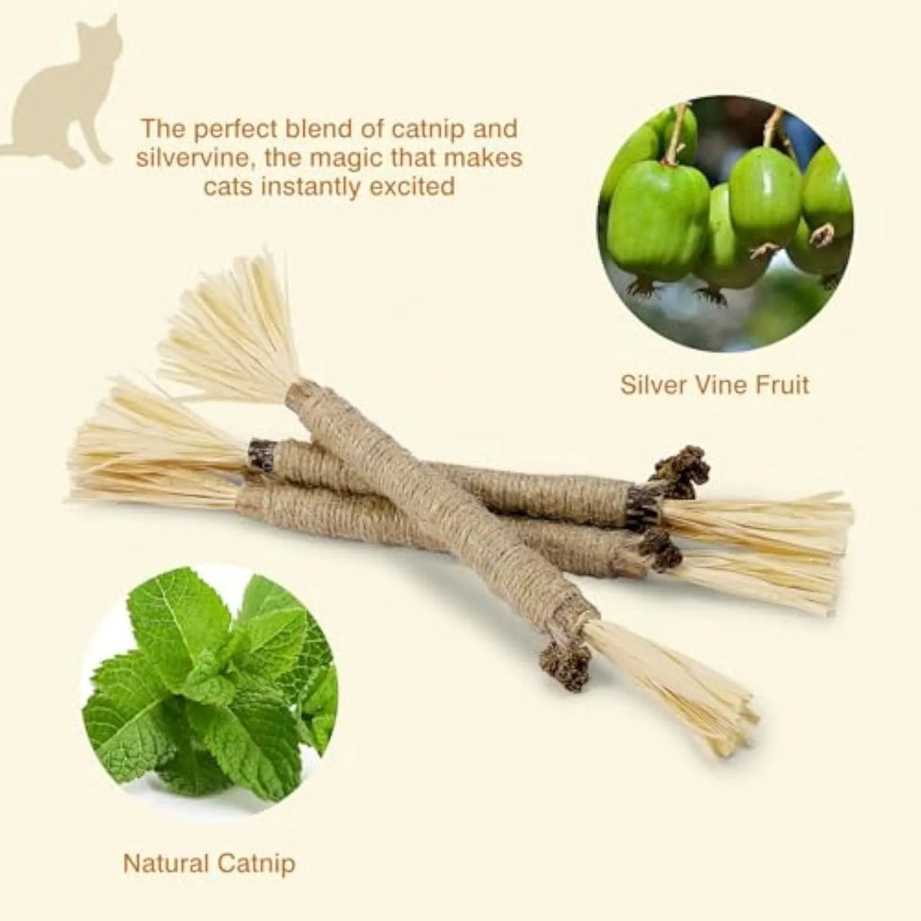Natural silvervine cat chew sticks with sisal rope and raffia in thick and fine diameters