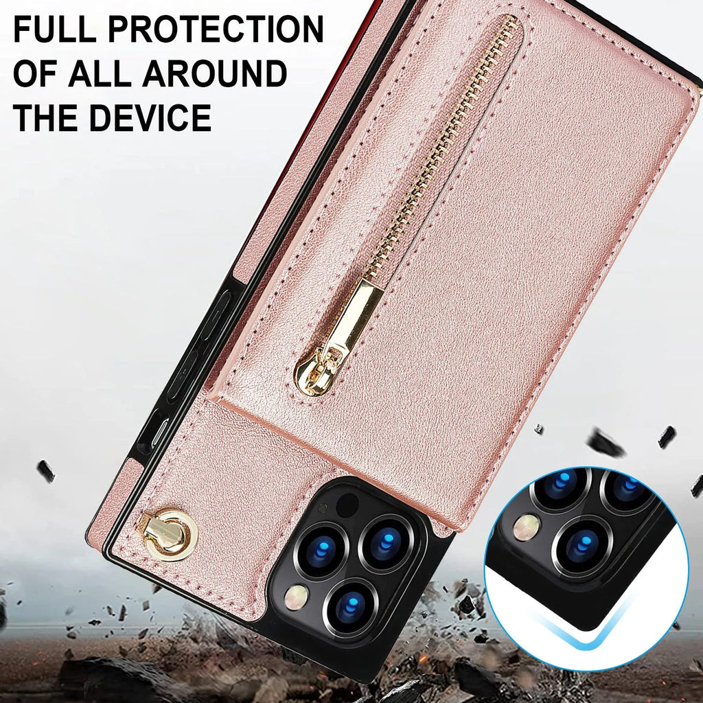 Black leather-back mobile phone case shown next to a green and purple version for iPhone and Samsung models.