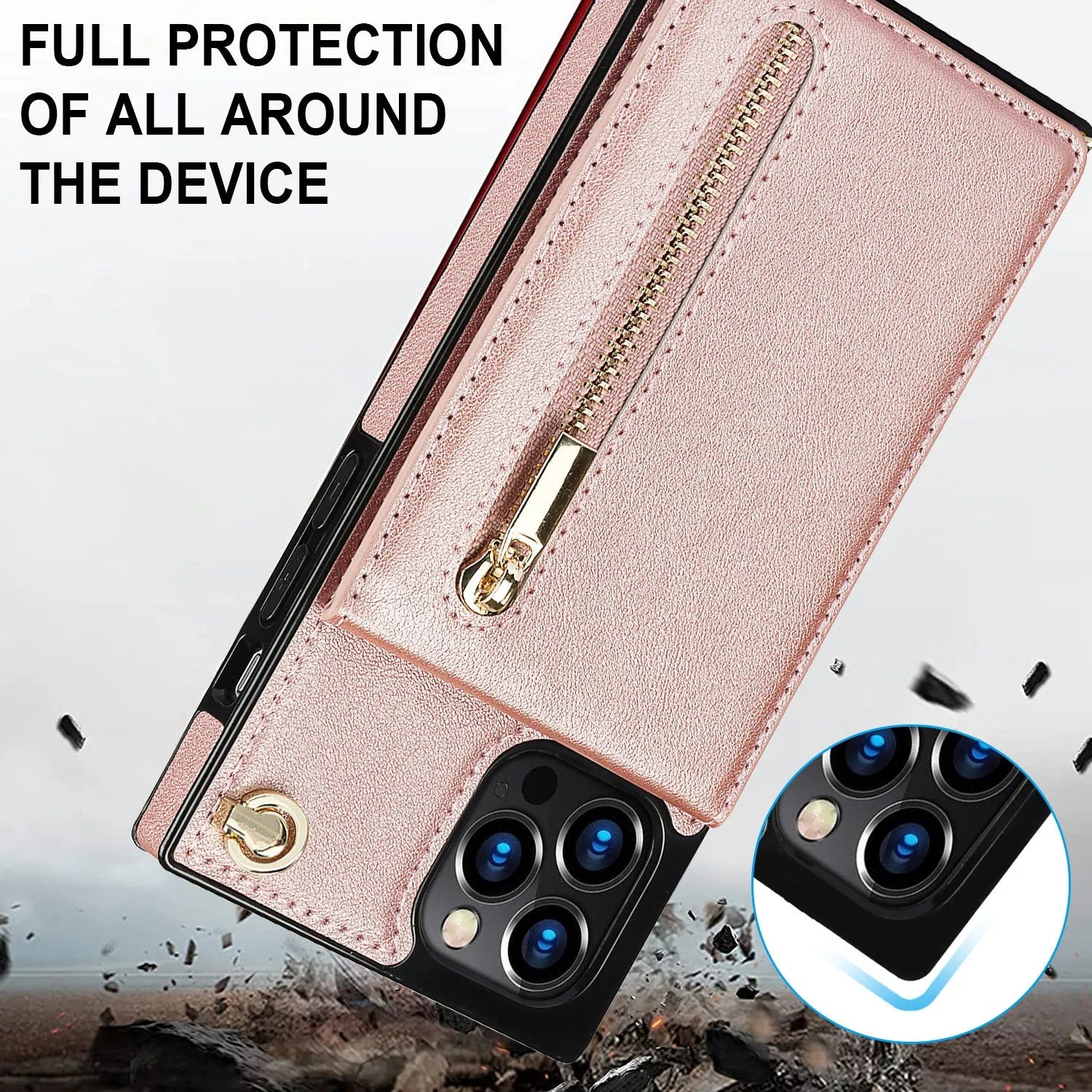 Black leather-back mobile phone case shown next to a green and purple version for iPhone and Samsung models.