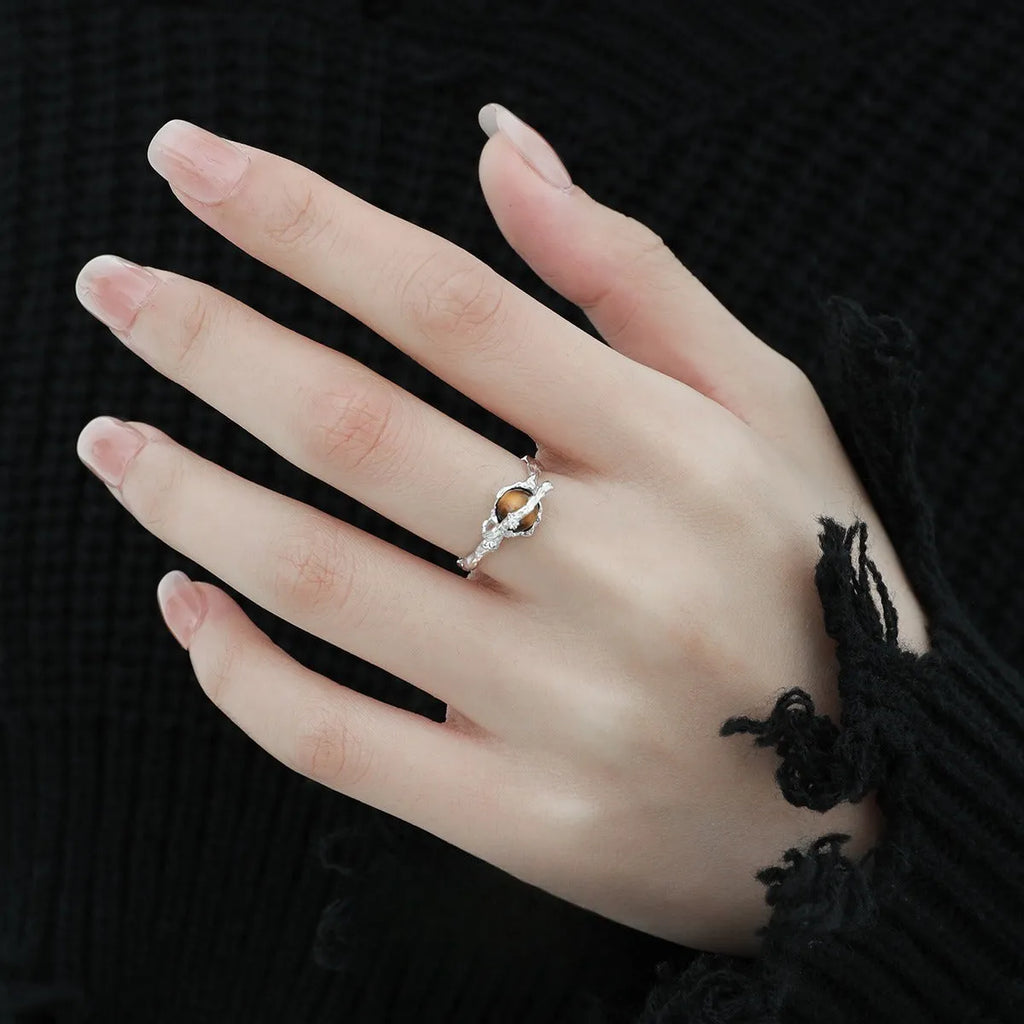 Saturn design silver open ring with white gold electroplated finish and adjustable opening
