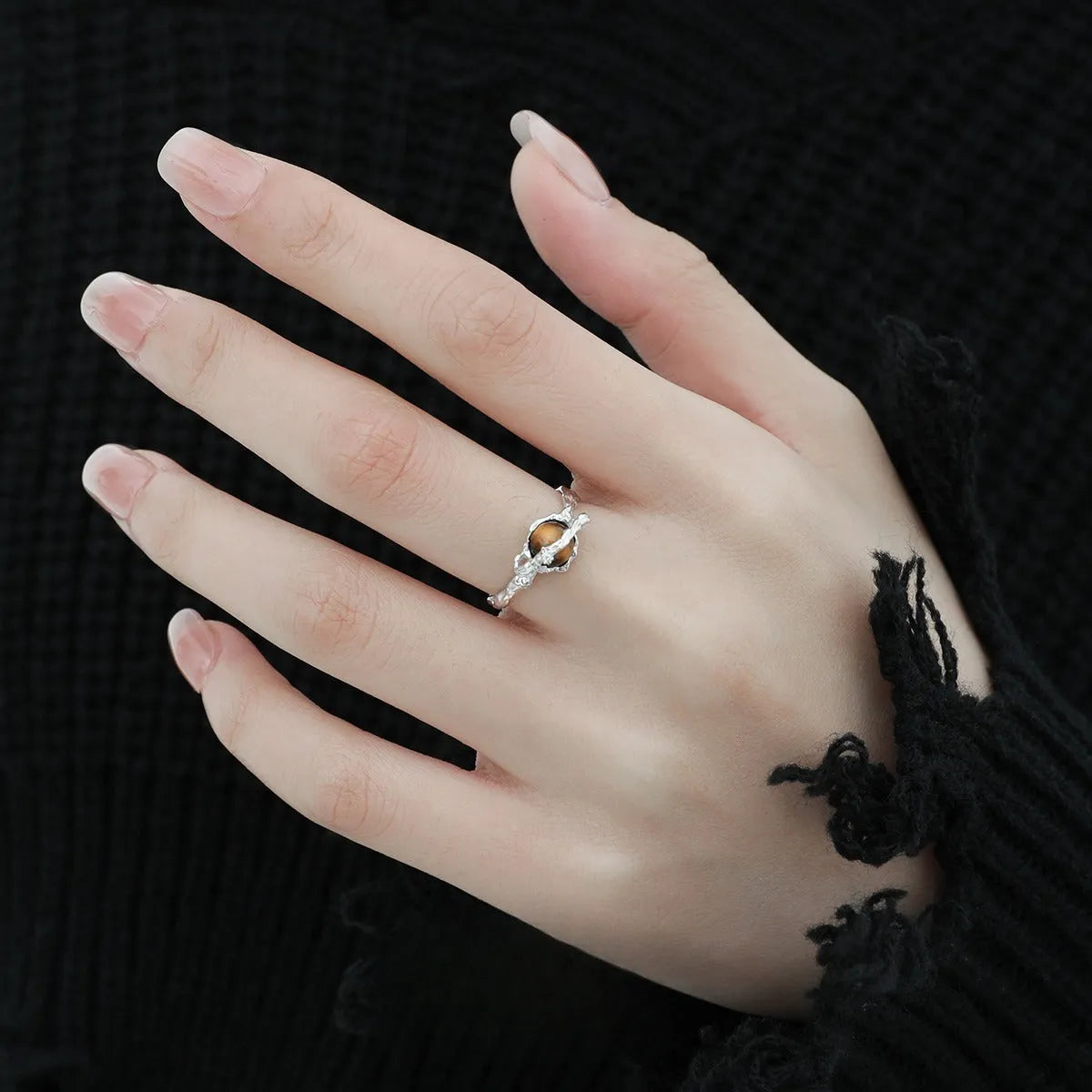 Saturn design silver open ring with white gold electroplated finish and adjustable opening