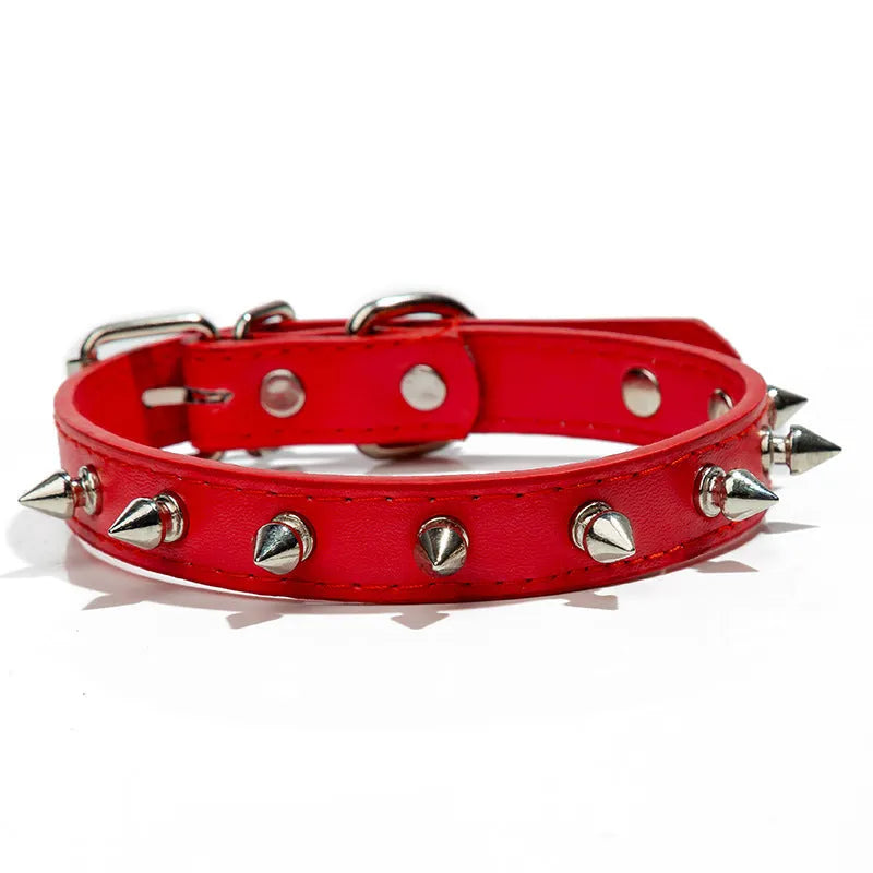 Spiked dog collar in thickened PU leather with metal studs, shown with alloy buckle, in one of six available colours.