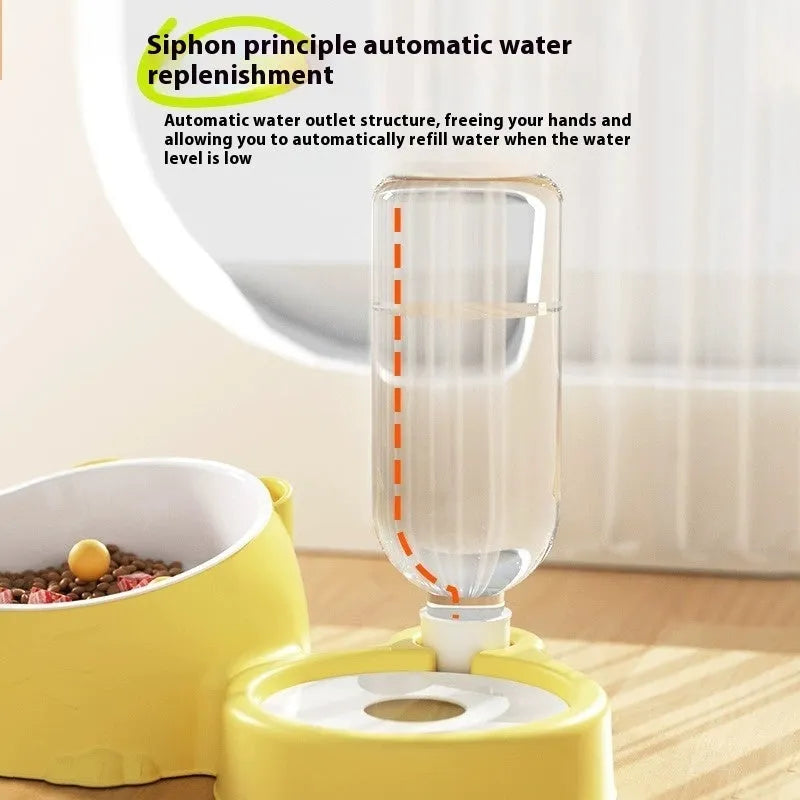 Automatic pet water fountain with two raised stainless steel and ceramic bowls on a plastic base in haze blue